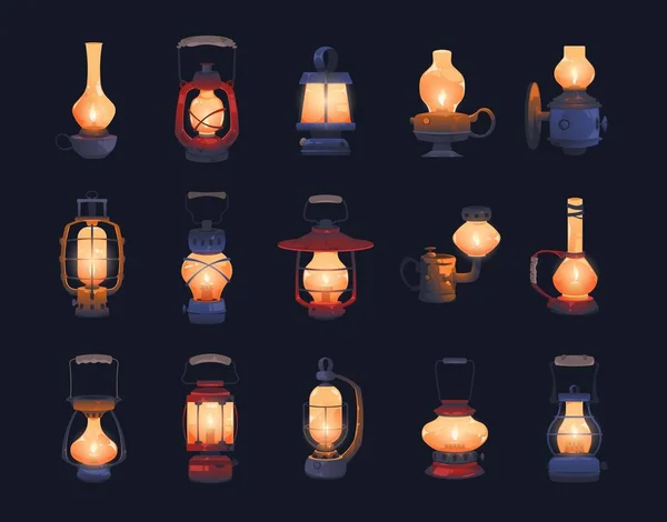 Cartoon Lantern Old Gas Kerosene Lamp Burning Wick Handle Portable — Stock Vector
