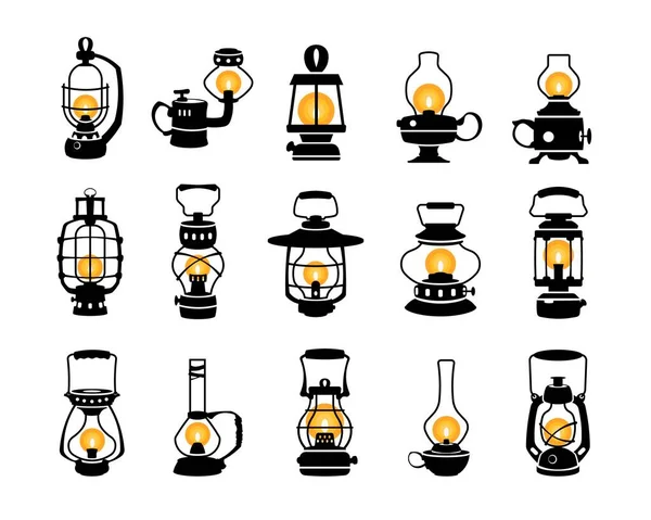 Lantern Silhouette Vintage Black Oil Kerosene Gas Lamps Monochrome Retro — Stock Vector