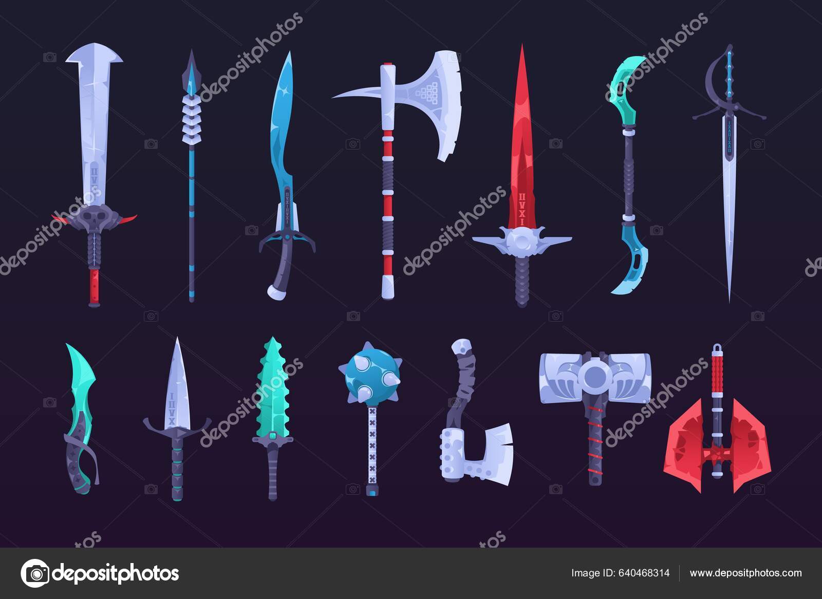 Free Vector  Collection of decoration weapon for games. set of silver  cartoon knives.