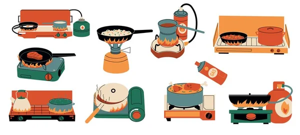 炉子上的食物 做饭用炊具放在煤气炉上 厨房用具采用便携式燃烧器卡通式 病媒隔离炉灶及烹调图解 — 图库矢量图片