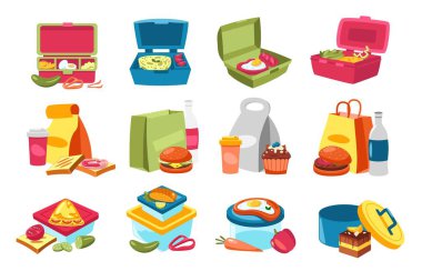 Lunchbox food. Containers with homemade snack, vegetables and fruits cartoon style, colorful healthy meal zero waste concept. Vector flat collection of lunch box homemade