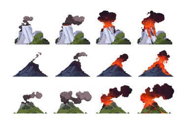 Volcano eruption. Cartoon volcanic mountain with different stages of explosion, flow magma, fire and smoke, crater with lava, ash and gases. Vector flat set of volcano eruption and lava illustration