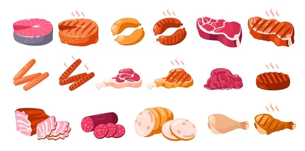 Produtos Carne Desenhos Animados Bifes Crus Salsichas Recheio Carne Ingredientes — Vetor de Stock