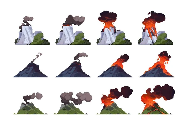Volcano Eruption Cartoon Volcanic Mountain Different Stages Explosion Flow Magma — Stok Vektör