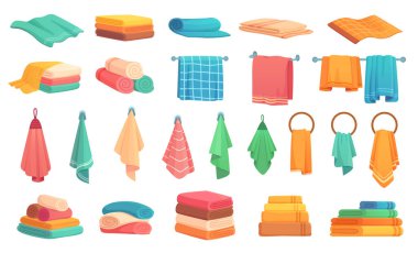 Bath towels set for kitchen or hotel cartoon flat style. Vector of fabric folded, cartoon soft and fluffy, illustration of cotton towl for beach, stack icon