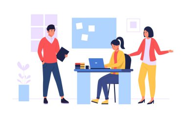 Business teamwork, woman works at laptop and boss. Teamwork professional in office, presentation to colleague, collaboration together, vector illustration
