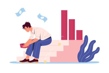 Financial crisis upset businessman in fail bankrute. Vector of business bankrupt, bankruptcy or crisis, finance down and unhappy, depression market illustration