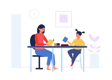 Mother and small daughter doing home task together in apartment. Vector of mother and daughter, family parent together learn illustration