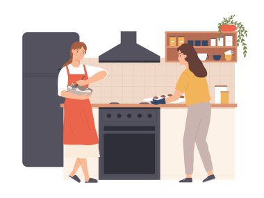 People cooking at home, woman at kitchen. Vector cooking illustration, happy woman and dinner at table, cook lunch
