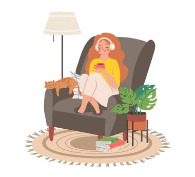 People home hobby, girl sit in chair with cat and cup. Vector of woman at home, character sit in chair, comfortable armchair illustration