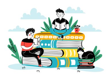 Reading on pile of books, student study. Vector of education, student study illustration with pile of knowledge, school book and literature