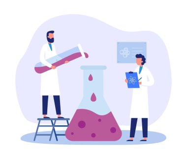 Working scientists at laboratory, test and analysis. Vector of analysis research and test, laboratory scientist lab illustration, experiment of scientific