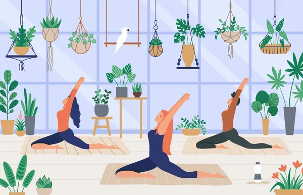 Las Mujeres Relajan Yoga Meditación Invernadero Botánico Vector Yoga Mujer — Vector de stock