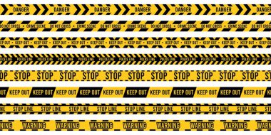 Suç mahalli kurdelesi. Tehlike uyarı bandı, sarı polis uyarı şeridi sınırı, yasak sınır ve yasak bölge işareti. Güvenlik illüstrasyonuna izole edilmiş tehlike bandı seti