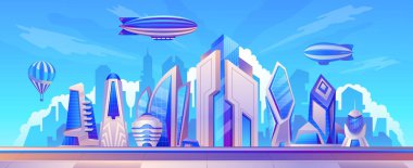 Zeplin manzarası. Gökdelen binalarının üzerinde zeplinin olduğu fütüristik şehir manzarası, gökyüzü ufkunda aerostat, megapolis manzarası. Panorama inşa etmenin vektör illüstrasyonu, şehir mimarisi