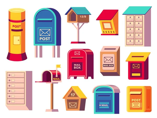 邮筒收集 邮箱图标用于接收信件 邮件集装箱与信件 邮件通讯包递送 Vector Cartoon Set Postbox Mailbox Letter — 图库矢量图片