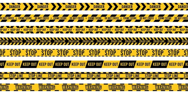 犯罪現場のリボン 警戒注意テープ 黄色の警察警戒ストライプの境界線 禁止された境界線と制限されたゾーン標識に警告する 安全イラストへの危険テープのベクトル分離セット — ストックベクタ