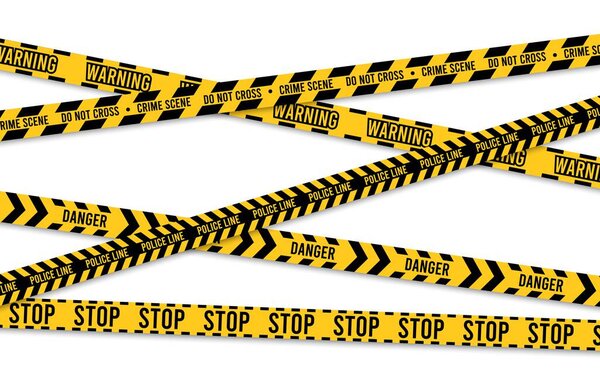 Warning tape. Yellow police crime scene cross stripes, danger zone designation and security border sign, accident perimeter elements. Vector set of danger scene barrier, tape safety illustration