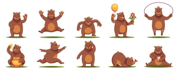 Мультяшный Медведь Милые Дружелюбные Животные Дикой Природы Различных Позах Ситуациях — стоковый вектор