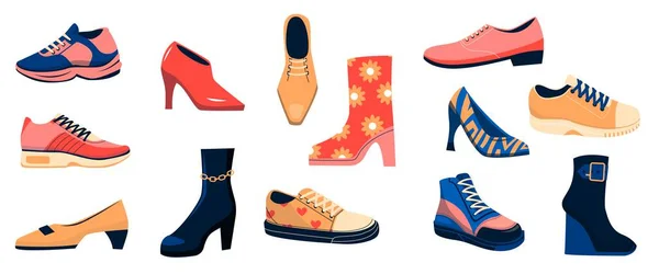 Sapatos Femininos Diferentes Tipos Calçados Femininos Elegantes Botas Moda Casual — Vetor de Stock