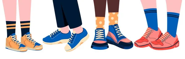 靴を履いた脚 スタイリッシュな履物を身に着けている男性の女性の足 カジュアルやスポーツウェア漫画の流行のファッショナブルな快適なモデル ベクトルフラットセットのスタイリッシュな男性足 履物女性のイラスト — ストックベクタ