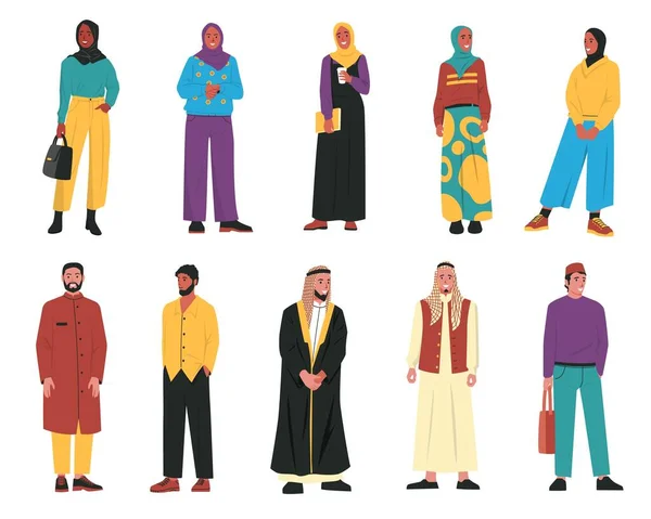 Различные Арабские Люди Мультфильм Мусульманские Мужские Женские Персонажи Люди Традиционном — стоковый вектор