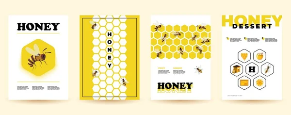 ハニーフライヤー 蜂昆虫ハニカム蜂の巣と漫画のポスター ブランディングデザインのための天然有機養蜂製品要素 ポスター栄養蜂蜜イラストのベクトルセット — ストックベクタ