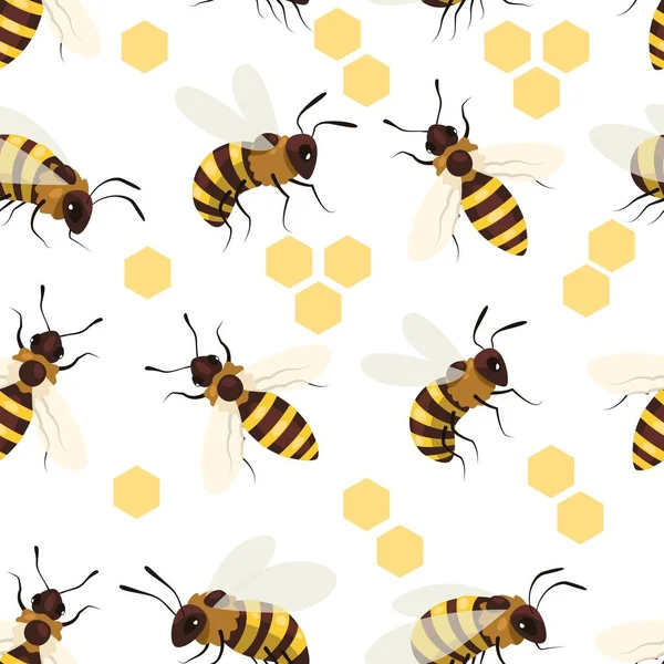 Pola Lebah Madu Cetak Mulus Dengan Serangga Bergaris Garis Bersayap - Stok Vektor