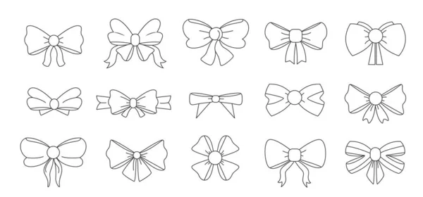 Arcos Línea Símbolos Doodle Bowknots Regalo Con Cintas Diferentes Formas — Vector de stock