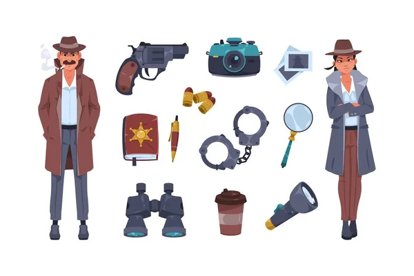 Detective Equipment Cartoon Police Agent Character Spy Investigation Evidence Search — Stock Vector