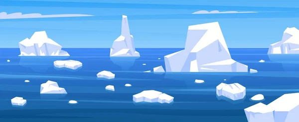 Arktische Landschaft Cartoon Winterszene Mit Schwimmenden Eisbergen Und Gefrorenen Gletscherstücken — Stockvektor