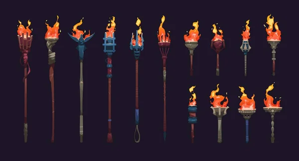 Мультяшный Факел Спрайт Анимации Кадр Коллекции Средневекового Огня Огня Пожар — стоковый вектор