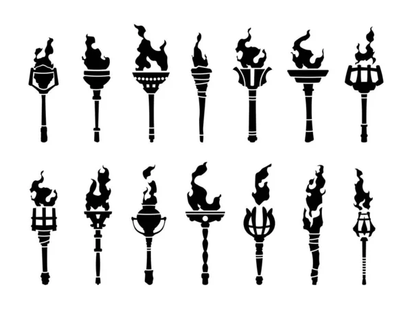Schwarze Fackelsymbole Mittelalterlich Lodernde Feuersilhouetten Feurig Lodernde Stockikonen Meisterschaftskonzept Für — Stockvektor