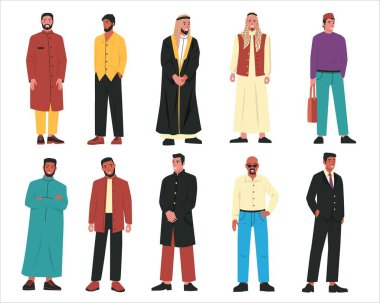 Müslüman erkekler. Geleneksel Arap giysileri ve şık günlük kıyafetler giyen modern Arap erkek karakterler, İslami insan portreleri. Müslüman modern illüstrasyonun vektör karikatürü