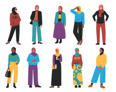 Arap kadın karakteri. Geleneksel Müslüman cüppeli ve tesettürlü çizgi film kadın karakterleri. Abaya 'daki modern Arap insanları. Kadın Müslüman, karikatür kadın illüstrasyonu.