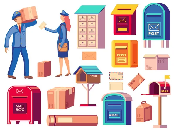 Postman Mail Cartoon Characters Mailman Uniform Correspondence Bag Mailbox Post — Stock Vector
