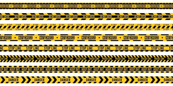 黄色い警察のテープ 犯罪現場のリボンとストライプを横断しないで 危険警告制限ゾーンストリップ標識 事故の注意の概念 黄色危険リボン線図ベクトルセット — ストックベクタ