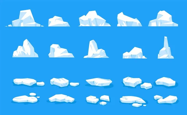 南极浮动的冰川碎片 融化的冰山和冰冻的冰块 蓝色的霜冻浮在冷水平面风格 矢量卡通集 北冰山融化图解 — 图库矢量图片