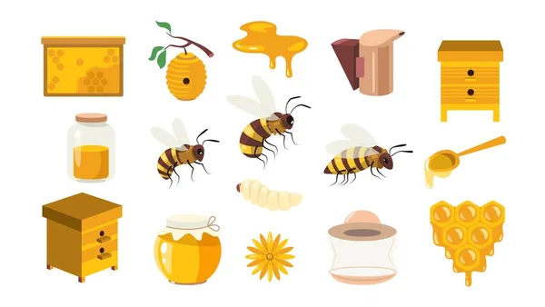 ハニー漫画コレクション 甘い要素を維持し ミツバチ蜜蝋蜂の巣ハニカム 有機蜂の養液栽培製品 甘い天然の蜂蜜と養蜂のベクトルフラットセット — ストックベクタ