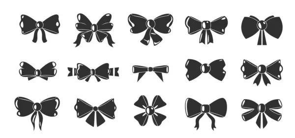 Iconos Arcos Negros Siluetas Decorativas Bowknot Diferentes Formas Cintas Regalo — Archivo Imágenes Vectoriales