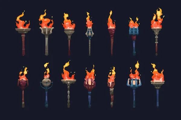 Средневековый Факел Спрайт Анимации Набор Горящими Огненными Элементами Древняя Палка — стоковый вектор