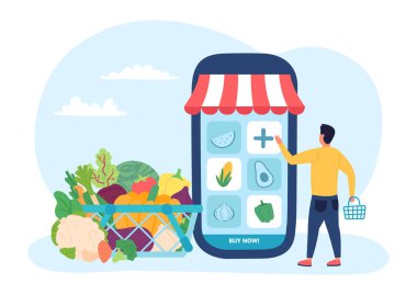 Çevrimiçi çiftlik organik gıda alışverişi akıllı telefondan yapılıyor. Çevrimiçi tarım ürünleri, taze market ve mağaza taşıyıcısı, illüstrasyon teslimatı