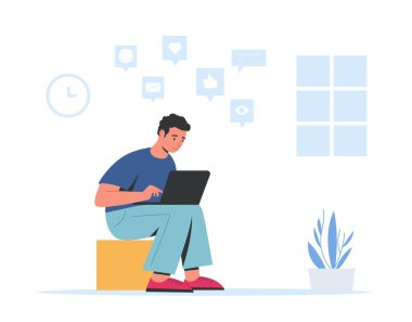 Dizüstü bilgisayarı olan, sohbet eden, hoşlanan ve kalbi olan bir adam. Çevrimiçi sosyal ağın vektörü, İnternet dizüstü bilgisayarı illüstrasyonu