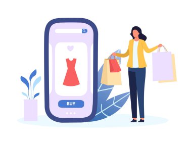 İnsanlar akıllı telefon kullanarak online alışveriş yapıyorlar. İnternet üzerinden satın alma vektörü, satılık cep telefonu vitrini, uygulama mağaza illüstrasyonları