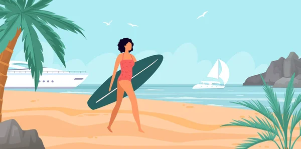 夏の海の活動は ビーチでサーフボードを持つ女の子 サーフボードの海 夏のビーチ 女の子のベクトル海 サーファーやサーフィンの休暇のイラストに行く — ストックベクタ