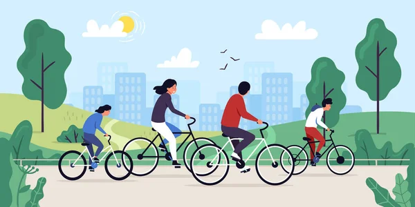 Personnages Balade Vélo Dans Parc Concept Activité Plein Air Été — Image vectorielle