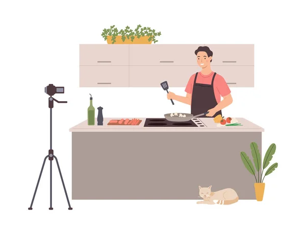 Matlagningsbloggare Tecknad Person Förbereda Mat Och Streaming Trendiga Kulinariska Vlogger — Stock vektor