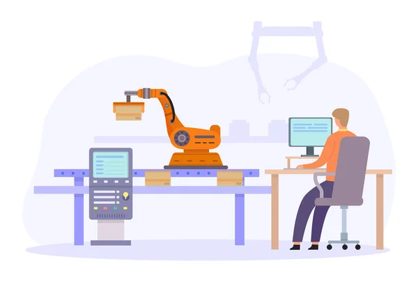 Otomatik Robot Kollarını Mühendisler Kontrol Ediyor Düz Akıllı Fabrika Denetimi — Stok Vektör