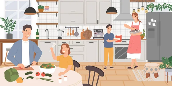 キッチンで一緒に朝食や夕食を一緒に家族料理 夕食の調理 朝食の家族のイラストのベクトル — ストックベクタ