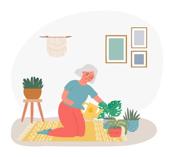 Altenheim Hobby Gärtnern Mit Pflanzen Vektor Der Älteren Senioren Glücklich — Stockvektor